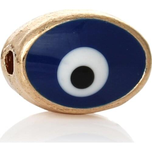 DoreenBeads Zinc metal alloy Spacer Beads Oval Deep blue Light Golden eye of Evil Enamel About 10mmx7mm,Hole:Approx 1.7mm,2 PCs