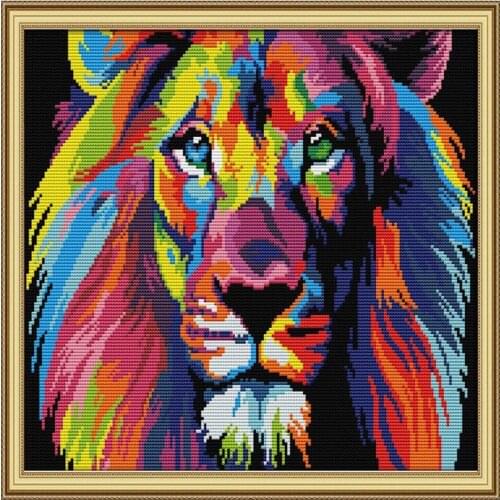 Coloured Lion Animal Cross Stitch Patterns Kits Printed Canvas Embroidery Sets 11CT 14CT DIY Handmade Needlework Home Decoration