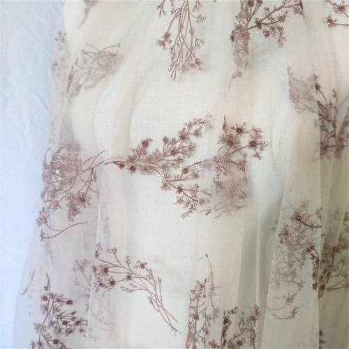 Coffee Color Net Yarn Embroidery Lace Fabric Sequined DIY Doll Skirt Dress Hanfu WomenS Clothing Fabric V2951