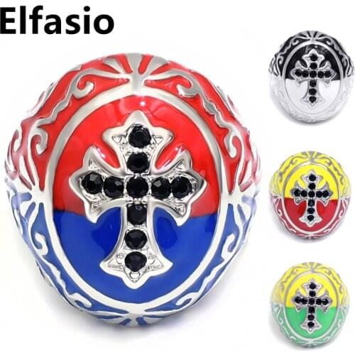 Mens Womens Stainless Steel Ring Vintage Black Cubic Zirconia Cross Red/Black/Blue/Green Biker Jewelry Size 7-15