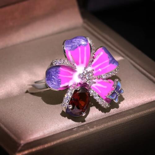 S925 silver Handmade Enamel zircon ring Purple Flower Butterfly Delicate Ring Party Chic Jewelry Handmade Enamel For Women