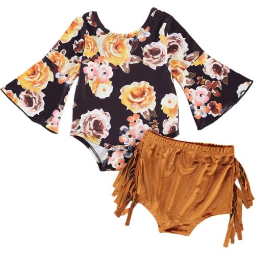 Toddler Baby Girl Jumpsuit 2PCS Outfit Sets Pagoda Long Sleeve Pullover Top Shirt Khaki Tassel Pants For Spring Autumn