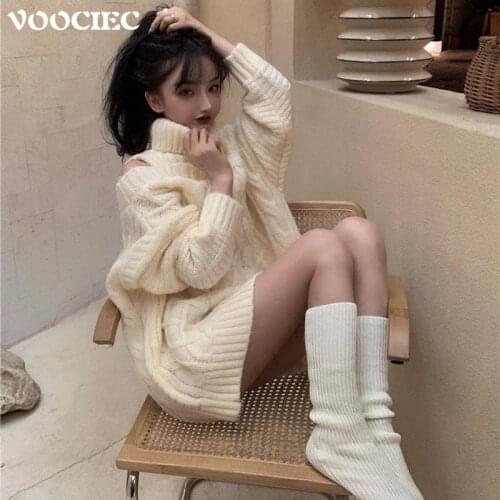 VOOCIEC Korean style High collar fashion knitwear jacket Off the shoulder long sweater Pullover Hip hugging Sexy Long Sleeve Top