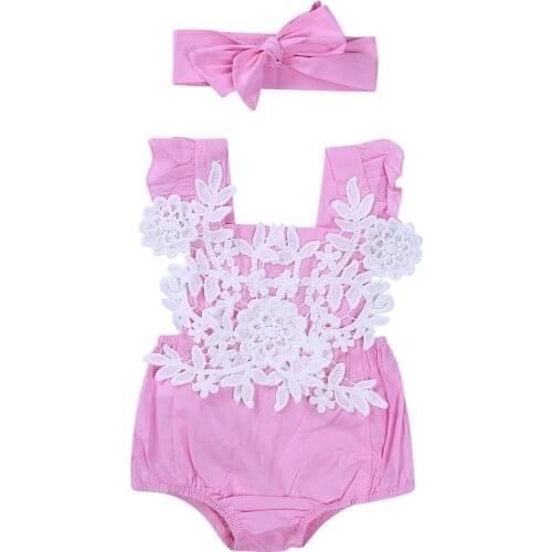 US Cute Pink Newborn Toddler Baby Girl Romper Sleeveless Lace Floral Jumpsuit Outfits Sunsuit Clothes