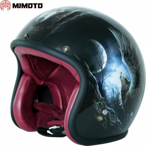 Moon Wolf Painted Motorcycle Helmet Moto Cafe Racer Retro Motorbike Cruiser Helmet Vintage Scooter Casco Capacete DOT Approved