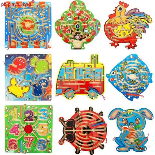 PB Playful bag Wooden Magnetic Pen Maze Puzzle Board Kids Montessori Educational Toys Cartoon Animal Balance Game gifts UG25