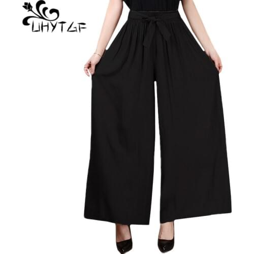 UHYTGF Casual summer pants women Soft comfortable loose thin wide-leg pants loose high waist plus size trousers for women 1613