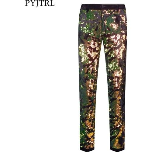 PYJTRL Men Green Sequins Velvet Casual Pants Floral Shiny Wedding Groom Singer Expandable Waist Trousers