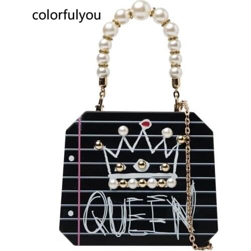 Crown Pattern Box Handbag Acrylic Party Clutch Bag for Women Fashion Pearl Handle Shoulder Chain Bag Crossbody Bag Purses 2021