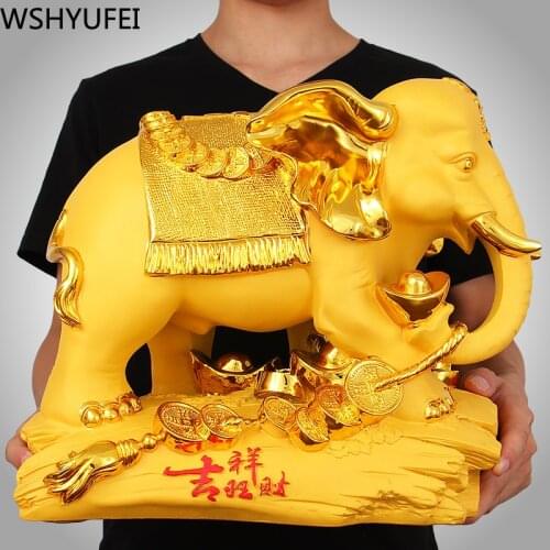 Chinese Style Golden Lucky Elephant Animal Resin Statue Home Study Office Ornaments Housewarming Christmas Gifts Decorations