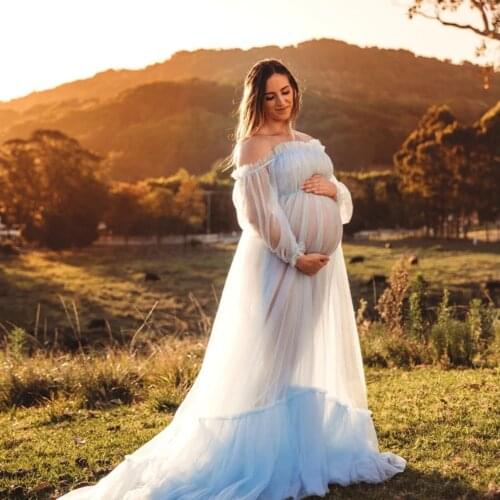 Light Blue Maternity Gowns For Photoshoot Off the Shoulder Soft Tulle Maternity Dresses Photography Pregnancy Women Long Dress