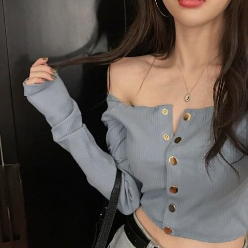 Spring Long Sleeve Off Shoulder Tops Ladies Fashion Brand Slash Neck Tees Slim Crop Top T Shirts Womens Clothing Sexy Club New
