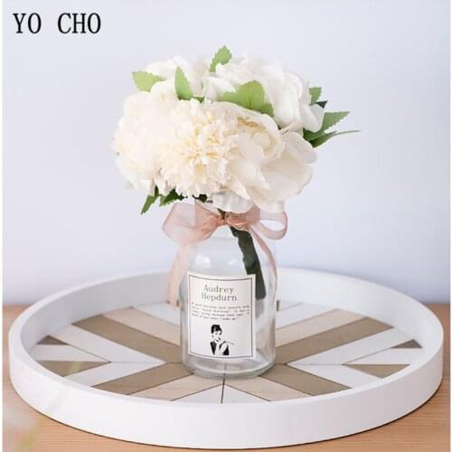 YO CHO High Grade 8 Head Silk Peony Wedding Bridal Bouquet Artificial Peony Flower Bouquet for Wedding Prom Party Decor