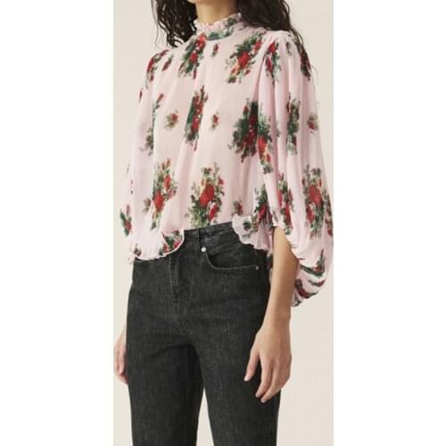Women Shirt Lotus Leaf Collar Puff Sleeve Pleated Shirt Loose Floral Top