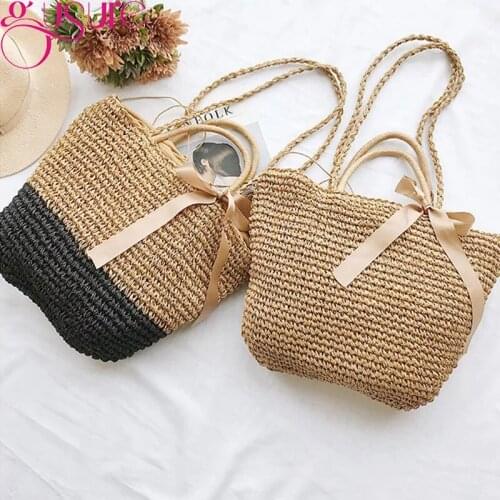 Gusure 2021 New Women Summer Straw Weave Shoulder Shopping Beach Holiday Crossbody Bag Lady Bow Casual Bucket Handbag Girls Tote
