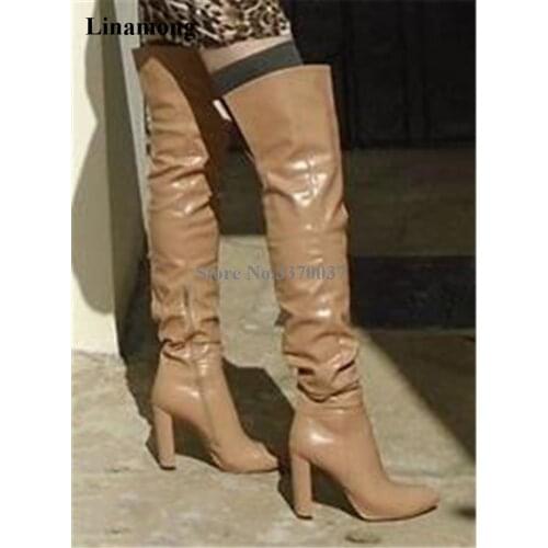 Women Brand Fashion Pointed Toe Over Knee Chunky Heel Boots Pleated Leather Long Thick Heel Boots Motorcycle Boots