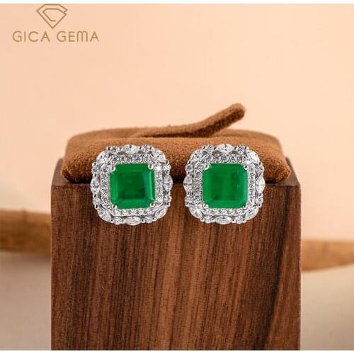 GICA GEMA Square Green Gemstone Earrings Vintage 6*6 Created Emerald Zircon Ear Stud Luxury Wedding Fine Jewelry Female Gifts