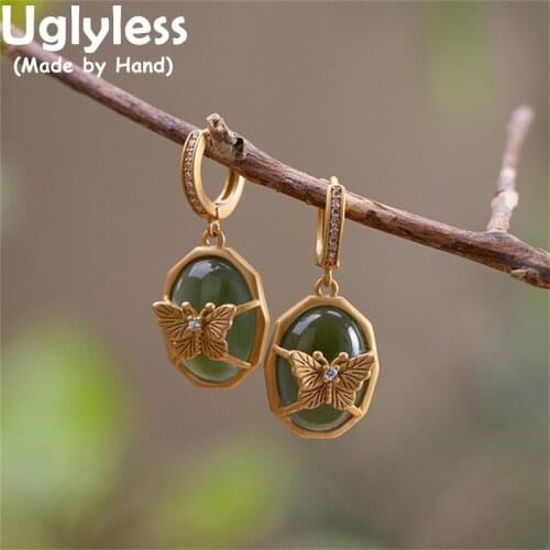 Uglyless Gold Butterflies Earrings for Women Natural Jade Gemstones Jewelry Gold Hoop Earrings 925 Silver Insects Jewelry Retro