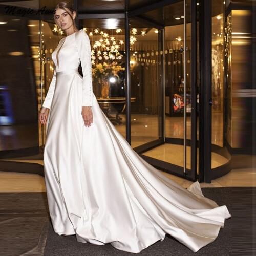 Magic Awn Full Sleeves Satin Wedding Dresses Elegant Illusion O-Neck A-Line Princess Mariage Gowns Sweep Train Vestido De Novia
