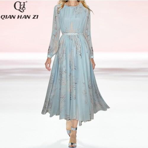 Qian Han Zi Spring, summer designer fashion elegant long dress Womens lantern sleeve print slim holiday Beach Maxi dress