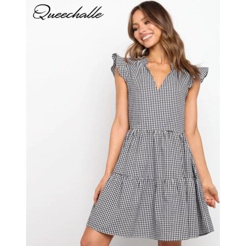 New 2021 Summer Dress Plaid V neck Sleeveless Ruffles A-line Dress For Women Casual Patchwork Pleated Dresses Female Vestidos