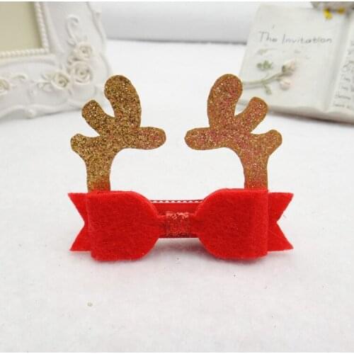 10pcs Fashion Cute Glitter Reindeer Hair Bow XMAS Hair Clips Solid Red Felt Bowknot Hairpins Christmas Party Hair Accessories