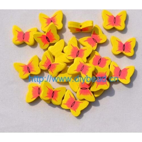 30 pieces/lot DIY fashion jewelry beads Necklace Department cartoon wooden beads butterfly with printed yellow color