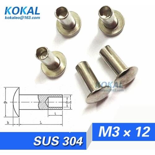 [304-M3*12]Free Shipping 100PCS 304 stainless steel flat round head semitubular rivets M3*12mm M3 series RIVETS