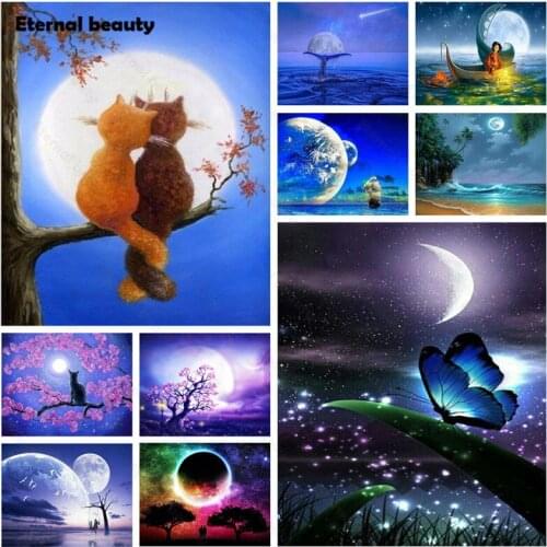Diamond Painting Landscape Scenery Cross Stitch Kits Purple Moon Viewing 5D Diamond Rhinestone Embroidery Mosaic Art Paintings