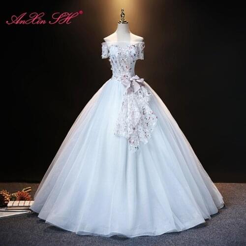 AnXin SH vintage princess little flower lace pink big bow boat neck short sleeve illusion bride party host stage evening dress