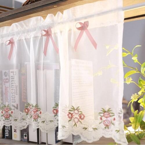 White Embroidered Lace Short Curtains For Door Kitchen Cafe Drapes Half Bedroom Bay Window Small Curtain Tulle Rod Pocker Decor