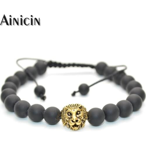 1pc Handmade Jewelry Natural Black Stone Leo Animal Lion Head Adjustable Bracelets For Men and Women Gift Jewelry