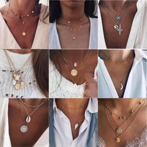 26 Styles Bohemian Multi Layer Pendant Necklaces For Women Fashion Golden Geometric Charm Chains Necklace Jewelry Wholesale