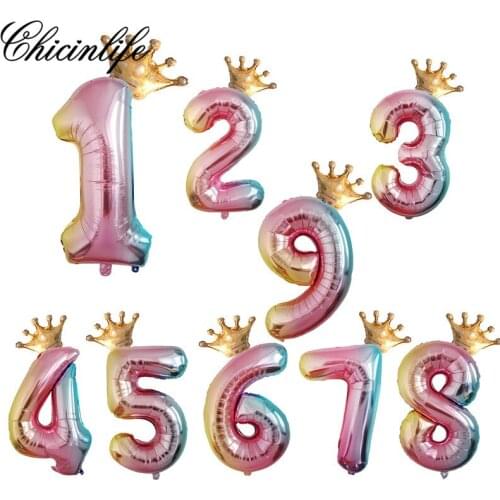 Chicinlife 2Pcs Gradient Happy Birthday Party 32inch Number Crown 1st Birthday Kids Baby Shower Wedding Decoration Supplies