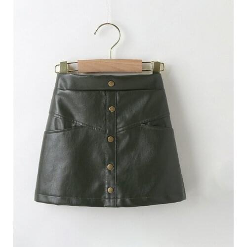 Kids Girls PU Leather Skirts Dark Green A-line Skirts 2021 New Arrival Children Princess Casual Leather Skirts Korean Style 2-7Y