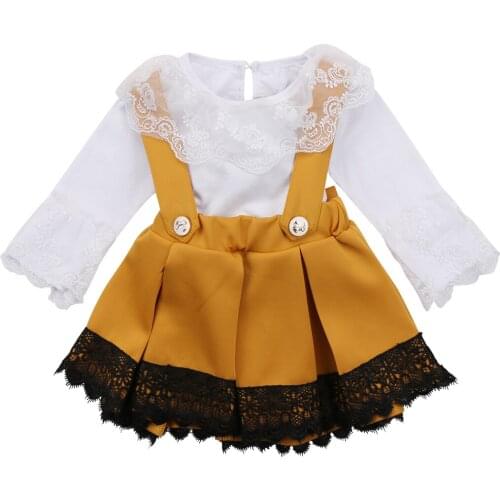 Kid Baby Girls Clothes Fashion Lace Long Sleeve White Bodysuit+Bowknot Yellow Skirt Fashion Outfits Set 0-24Months