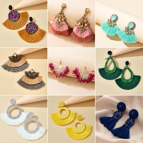 HuaTang Bohemian Crystal Tassel Drop Earrings for Women Blue Cotton Silk Fabric Fringe Earrings 2020 Fashion Women Jewelry