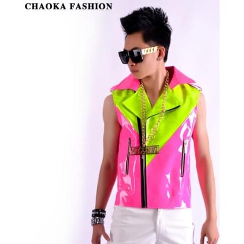 Multicolor men vest splice leather clothing camiseta tirantes hombre personalized singer dance stage street star style dress