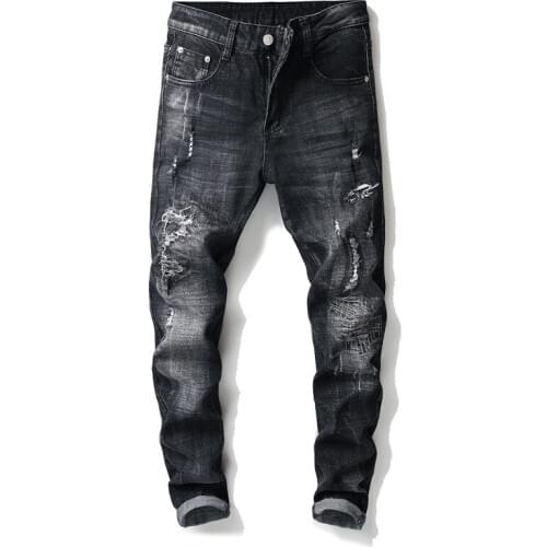 Distressed Mens Handmade Washed Ripped Casual Denim pants Slim Hole Jeans Black High Quality #2204