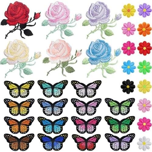 34Pcs Embroidery Applique Patches Rose Flowers Butterfly Iron on Patches for Jackets, Jeans, Arts Crafts DIY Decoration