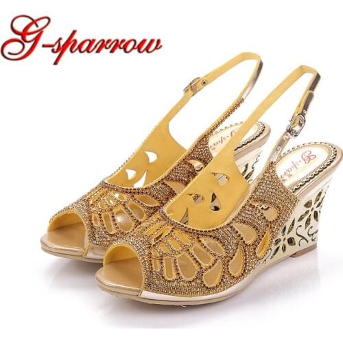 Back Ankle Strap Cut-out Rhinestone Wedding Party Wedges Shoes Gold Crystal Gladiator Sandals Summer Dress Pumps Genuine Leather