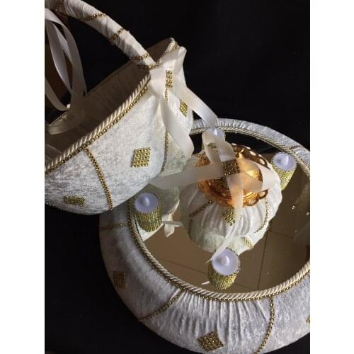 Osmanlı Turk Nişan Düğün Kına Gecesi Aynalı Tepsi ve Kına Sepeti Takım Mumlu Kadife Tabaklı Takım