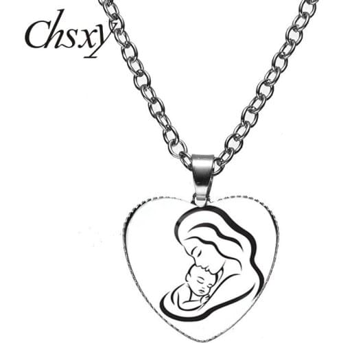 CHSXY Mom and Baby Simple Lovely Painting Heart Necklace Art Photo Glass Cabochon Pendant Choker For Mothers Day Jewelry Gift