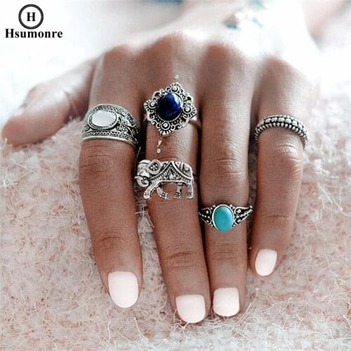 Retro Bohemian Rings for Women Beads Elephant Ancient Silver Plated Alloy Ring Green Blue Stone Gift Band Midi Rings 5pc/set