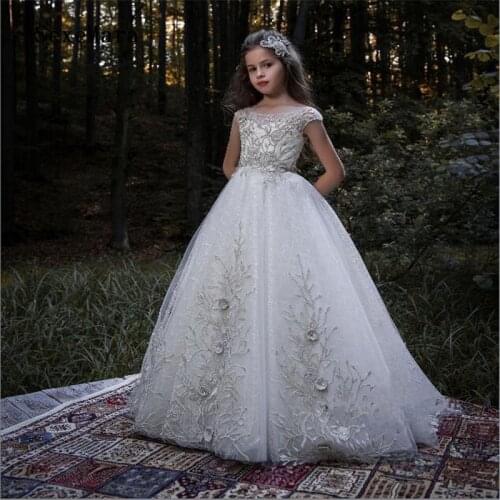 Luxury A-Line Flower Girl Dresses For Weddings Silver Lace Appliques Pageant Gown Princess First Communion Dress Size 2-16Y