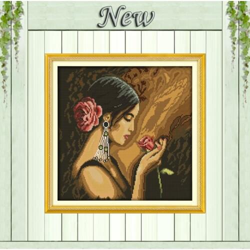 Rose girl,Counted printed on canvas DMC 14CT 11CT Cross Stitch Needlework kit,Full Embroidery Sets,pretty woman wall home Decor