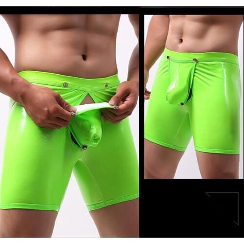 Sexy Panties Faux Leater Shortboxer Homme Wetlook Shiny Open Penis Pouch Sissy Panties Sexy Exotic Apparel Men Porn Lingerie