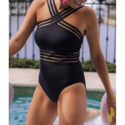 Mesh Patchwork One-piece Swimsuit women Balck Halter BAckless 2019 Sexy Mesh Swimwear Backless Bodysuits
