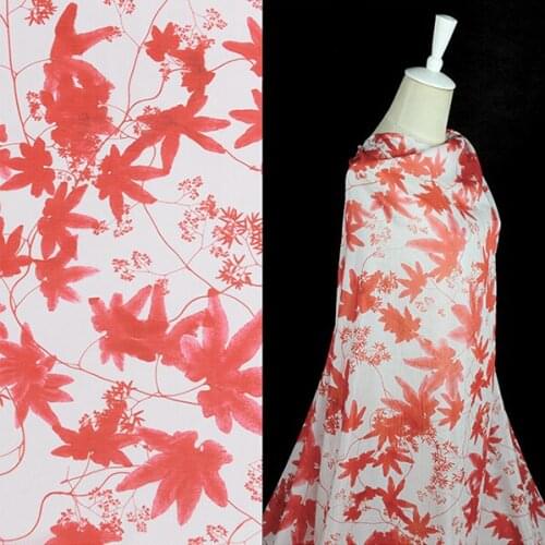 Red floral and leaves print silk blending cotton silk blended fabric 12momme 140cm width,SCT282