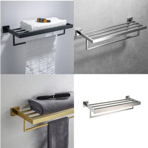 60cm 304 Stainless Steel Brushed Gold Towel Shelf Wall Mounted Bathroom Towel Rack Storage Holder Clothes Wall Hanger